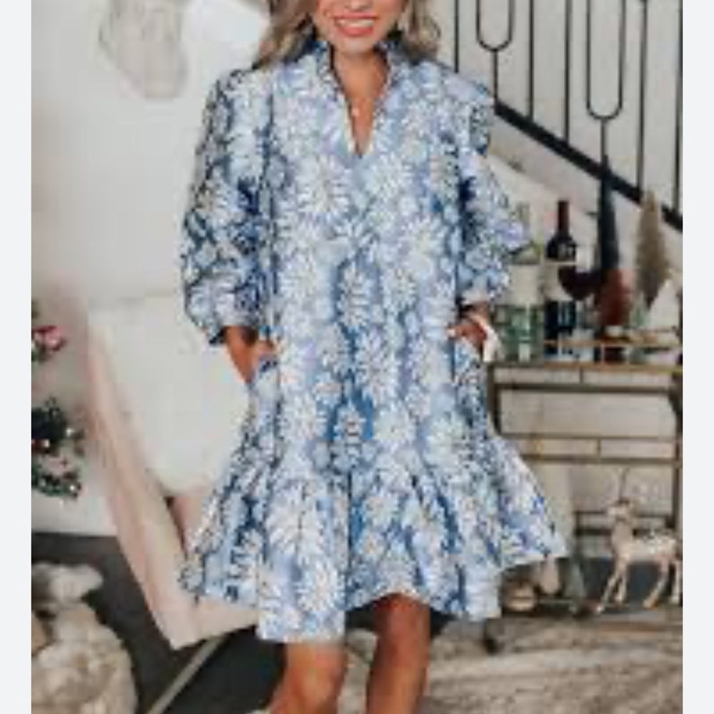 Blue and White Ruffled Tiered A-line Dress silver accent threading